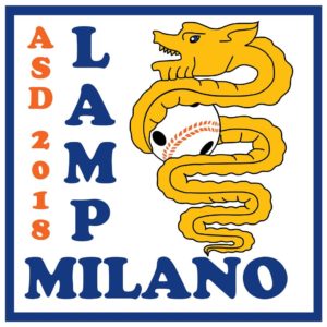 Stemma dei Lampi Milano ASD 2018: un serpente oro che stringe nella morsa una palla da baseball